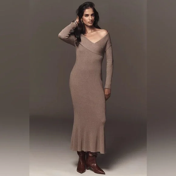 Brand New Anthropologie Off-Shoulder Grey/Brown Slim Sweater Dress, 1X, NWT - Picture 2 of 5